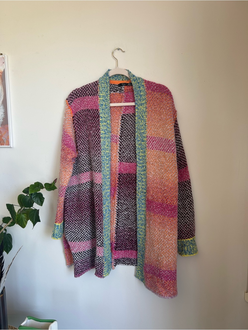 Multicolor Open-Front Knit Cardigan Sweater - Pink/Orange Accents
